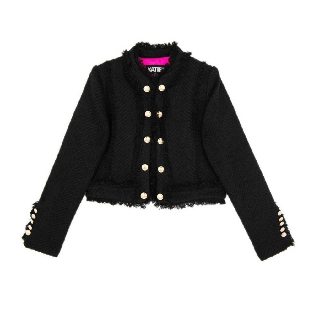 Katie J NYC Black Tweed Cropped Blazer with Gold Buttons